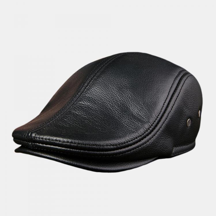 shopping אקססורייז First Layer Cowhide Men's Leather Beret Hats Fashion Forward Hat Beret Caps