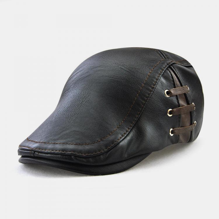 shopping אקססורייז Men's Leather Cap Personalized Piercing Strap Design Versatile Beret Caps