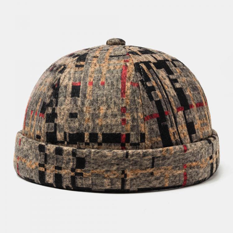 shopping אקססורייז Plush Soft Fabric Plaid Stitching Hat Skull Caps Brimless Hats