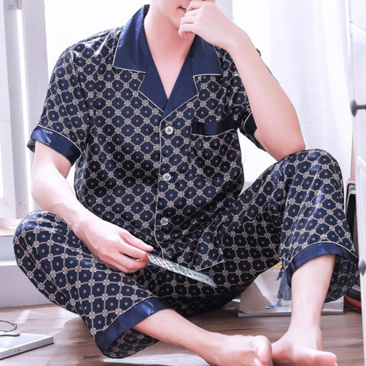 shopping פיג׳מות Mens Imitation Silk Printing Summer Thin Home Casual Sleepwear Set