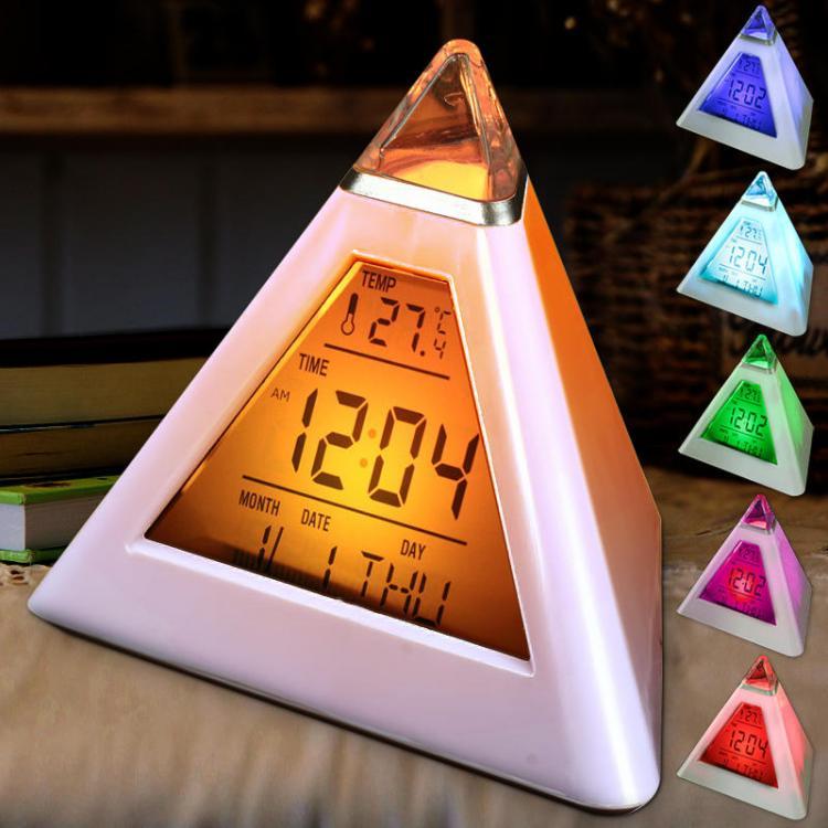 shopping גאדג׳טים Pyramid Shape Digital Alarm Clock With Date Temperature 7 Colors LED Change Backlight