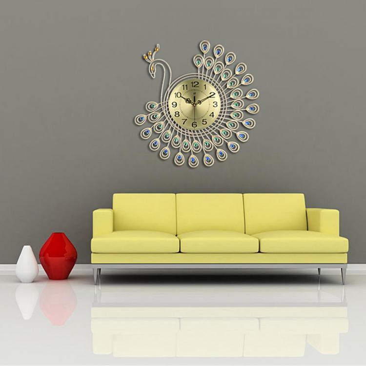 shopping גאדג׳טים 53x53cm Large 3D Gold Diamond Peacock Wall Clock Metal Watch for Home Living Room Decoration DIY Clocks Crafts Ornaments Gift