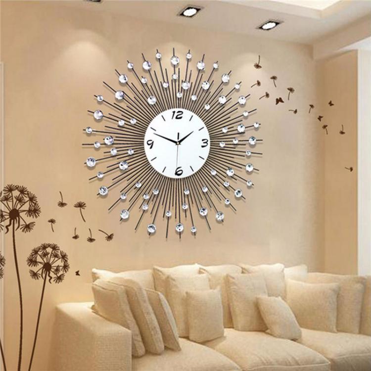 shopping גאדג׳טים New Luxury Scenic Iron Art Metal Living Room Round Diamond Wall Clock Home Decor