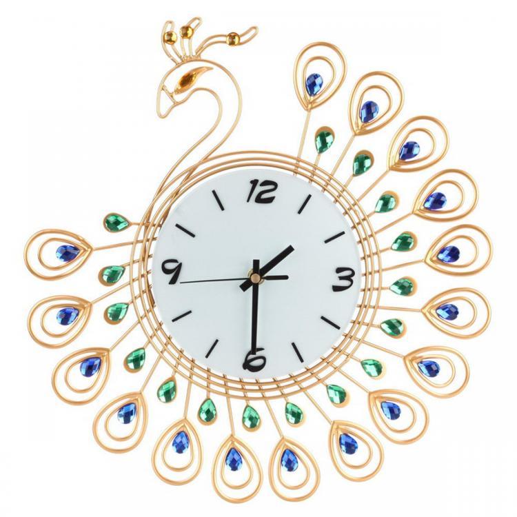 shopping גאדג׳טים Large 3D Gold Diamond Peacock Wall Clock Metal Watch For Home Living Room Decoration DIY Clocks Crafts Ornaments Gift 53x53cm