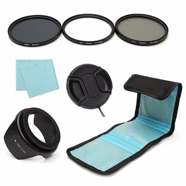 shopping צילום ומצלמות 7Pcs 67mm UV CPL Polarizing ND 4 Lens Filter Hood Cap Pouch For Canon Nikon Sony Camera DSLR