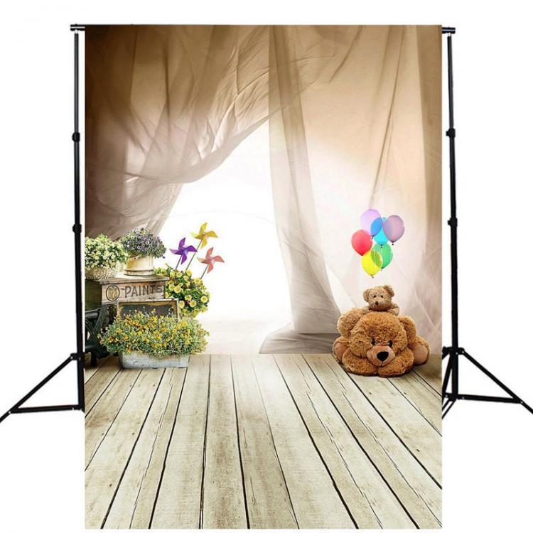 shopping צילום ומצלמות 5x7FT Children Bear Balloon Wooden Floor Photography Studio Background Backdrop