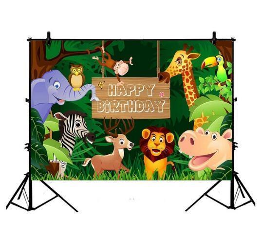 shopping צילום ומצלמות 3x5FT 5x7FT 6x8FT Fun Jungle Animals Photography Backdrop Happy Birthday Photo Background Party Decoration