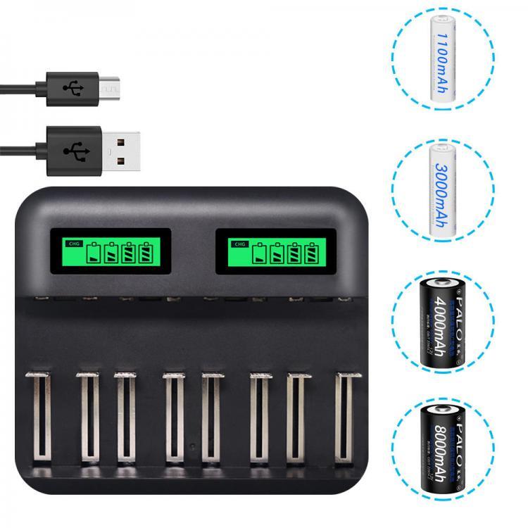 shopping סוללות ומטענים PALO Multi 8 Slots LCD Display Battery Charger Travel Portable Car Chargers Smart Charger For Nimh Nicd AA/AAA/SC/C/D/9V Rechargea