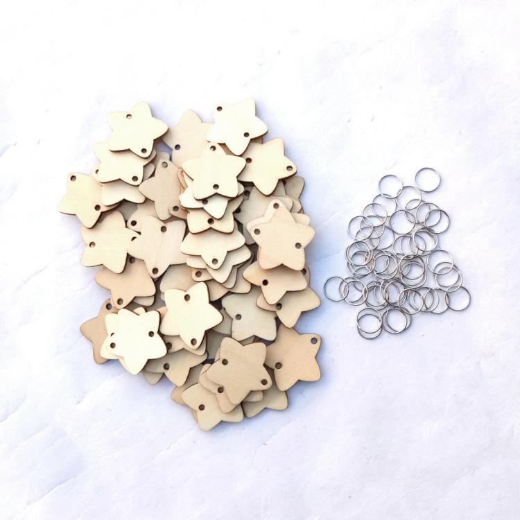 shopping ציוד ללייזר 50Pcs Star Shape Laser Engraving Wooden Sheet With 50 Iron Loops Set For Birthday Reminder DIY Hanging Wood Plaque