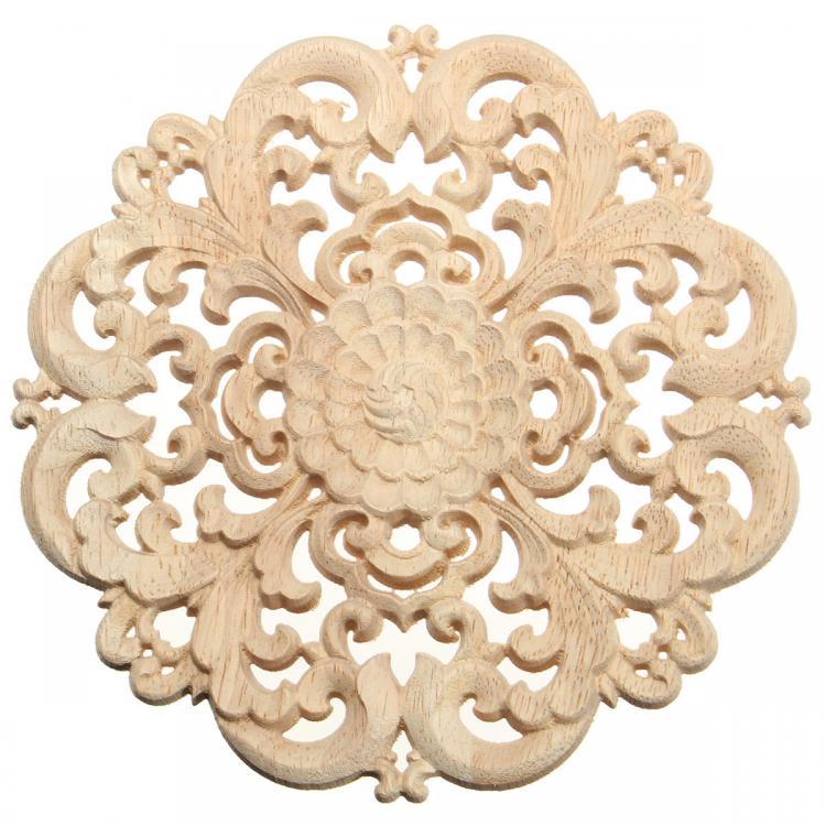shopping ציוד לבית Wood Carved Onlay Applique Unpainted Flower Pattern Furniture Frame Door Decor 15cm