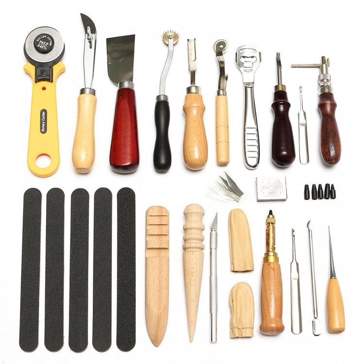 shopping כלי עבודה 19pcs Leather Craft Punch Tools Stitching Carving Working Sewing Saddle Groover Kit