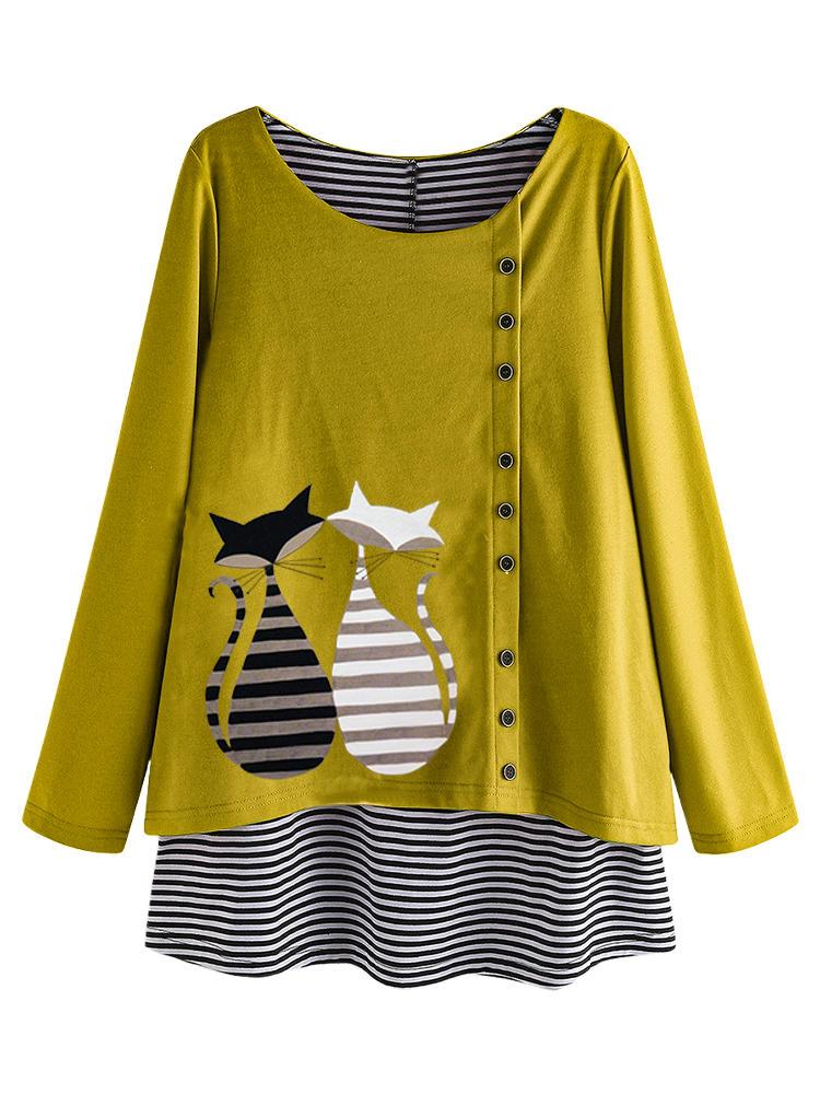 shopping חולצות וסוודרים Stripe Cartoon Cat Print Patchwork Long Sleeve Blouse