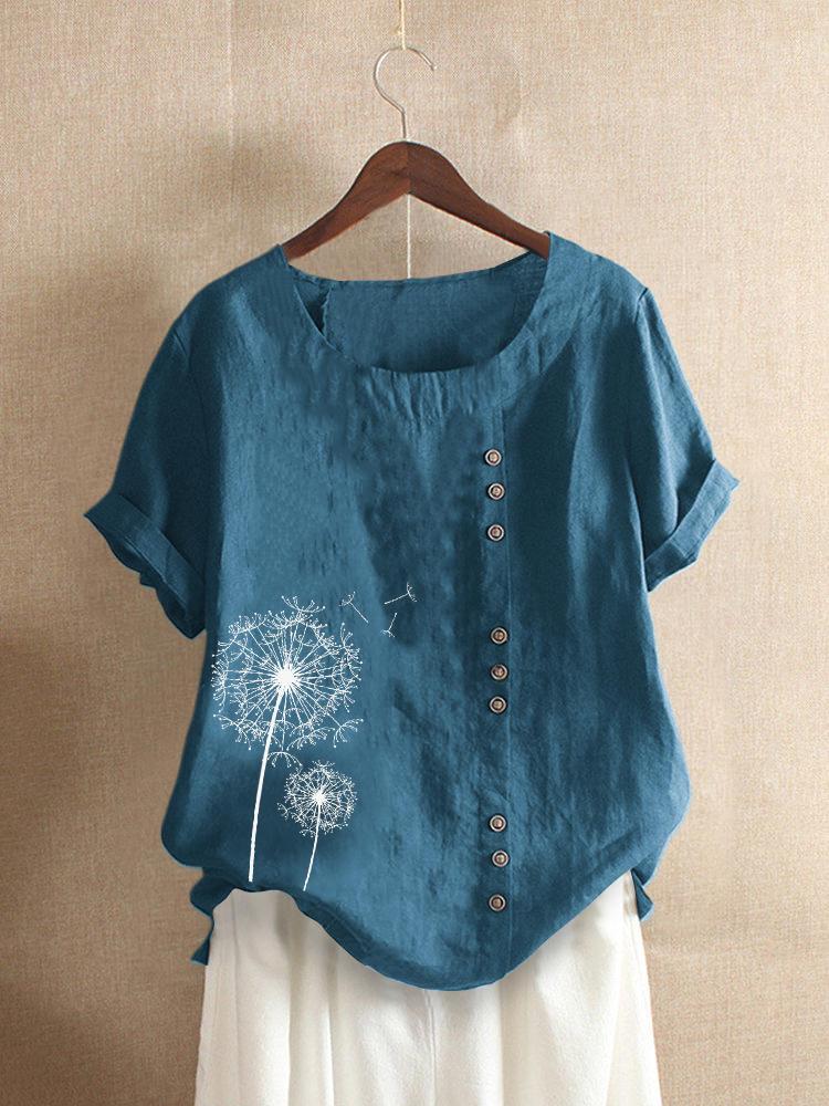 shopping חולצות וסוודרים M-5XL Vintage Short Sleeve O-neck Floral Print Button T-Shirts