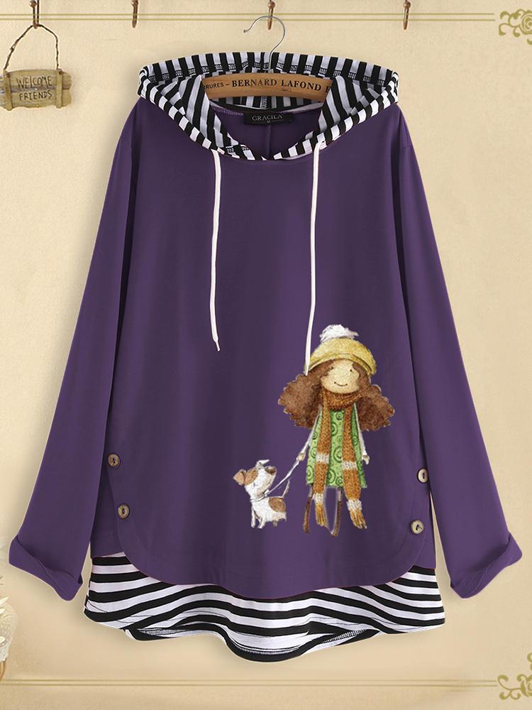 shopping חולצות וסוודרים Side Button Cartoon Print Stripe Patchwork Long Sleeve Sweatshirt For Women