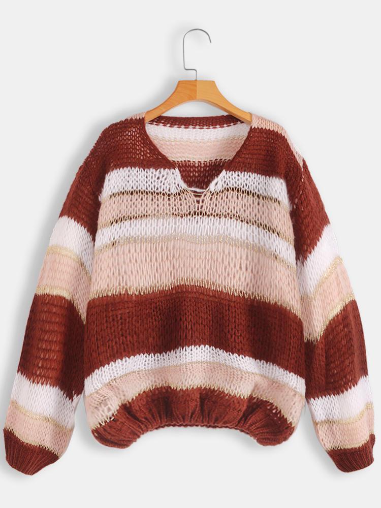 shopping חולצות וסוודרים Women Casual Striped V-neck Sweaters