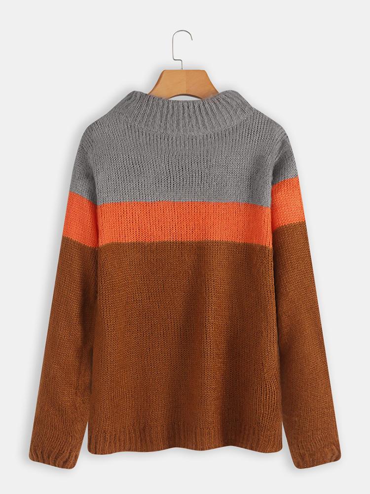 shopping חולצות וסוודרים Long Sleeve High Collar Color Block Casual Sweaters