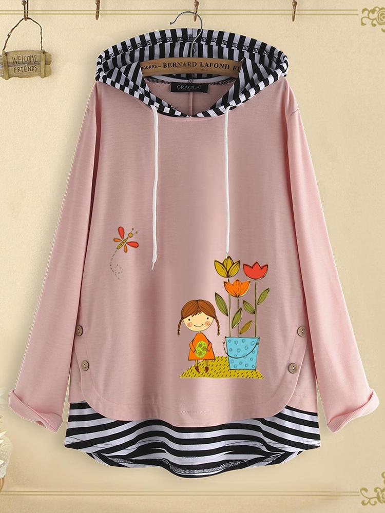 shopping חולצות וסוודרים Stripe Patchwork Cartoon Print Side Button Hoodie Sweatshirt For Women