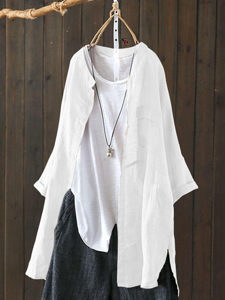 shopping חולצות וסוודרים S-5XL Women Long Sleeve Button Down Cotton Asymmetric Vintage Blouse