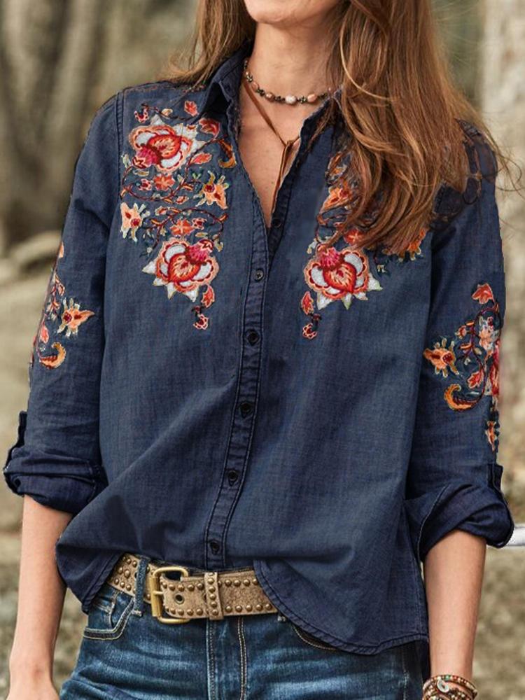 shopping חולצות וסוודרים Women Long Sleeve V Neck Buttons Flower Embroidered Shirts