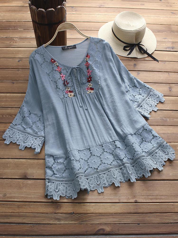 shopping חולצות וסוודרים Casual Women Hollow Lace Patchwork 3/4 Sleeve Blouse