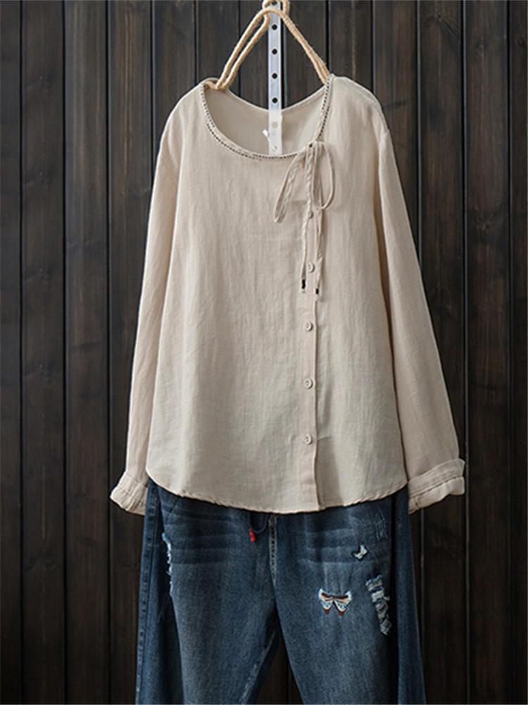 shopping חולצות וסוודרים Women Button Crewneck Cotton Long Sleeve Vintage Blouse
