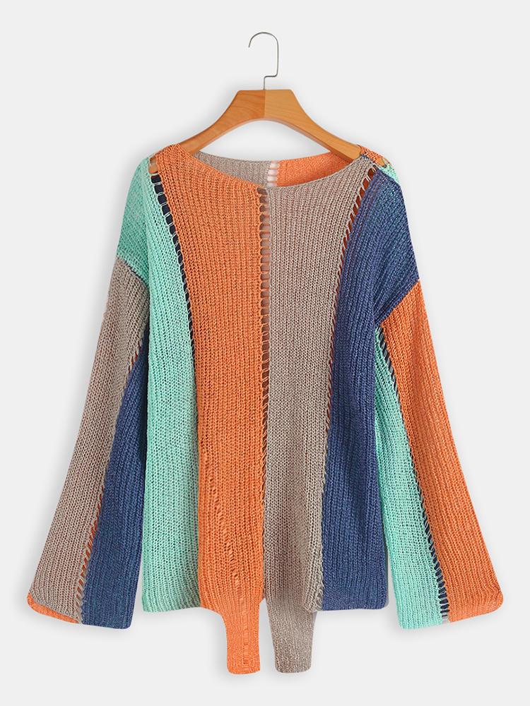 shopping חולצות וסוודרים Long Sleeve Crew Neck Striped Hollow Sweaters