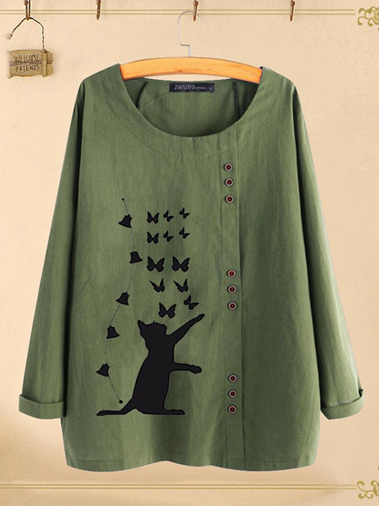 shopping חולצות וסוודרים Women Casual Cartoon Cat Print Crew Neck Long Sleeve T-Shirts