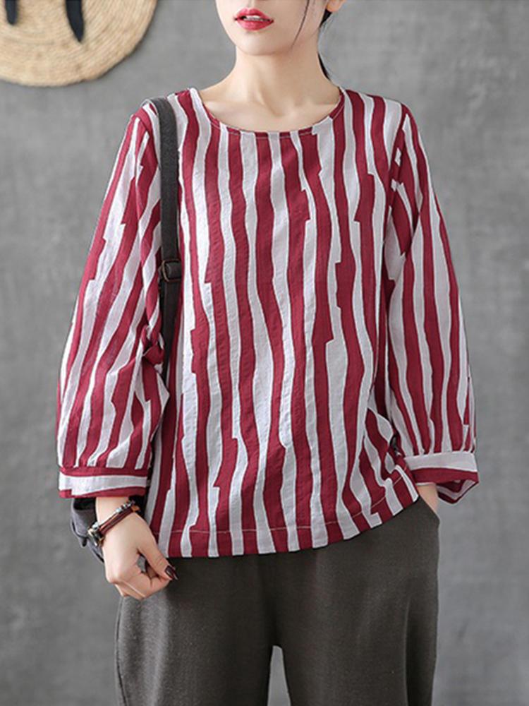 shopping חולצות וסוודרים Women Print Crew Neck Loose Crew Neck Long Sleeve Blouse