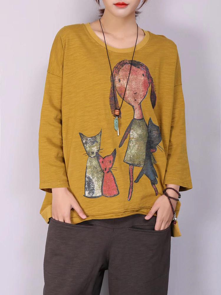 shopping חולצות וסוודרים M-5XL Cartoon Cat Print Long Sleeve Loose Casual T-shirts for Women