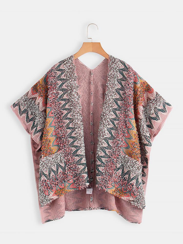 shopping חולצות וסוודרים Women Printed Cardigan Shawl V-neck Batwing Sleeve Sweaters with Pocket