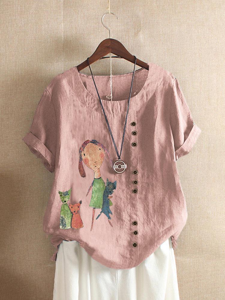 shopping חולצות וסוודרים Cartoon Girl Print Casual Short Sleeve T-shirts