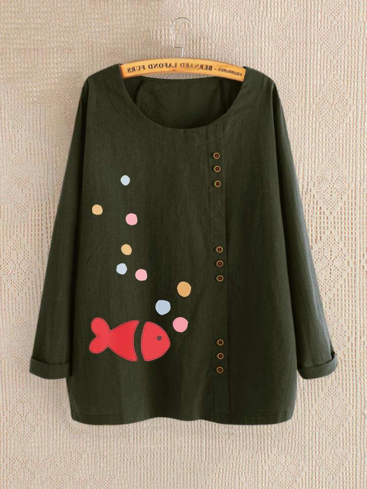 shopping חולצות וסוודרים Print Cartoon Fish Long Sleeve Button Autumn T-Shirts