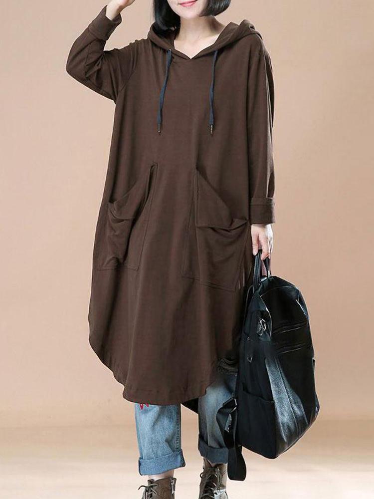 shopping חולצות וסוודרים Casual Women Solid Color Loose Long Sleeve Hooded Dress