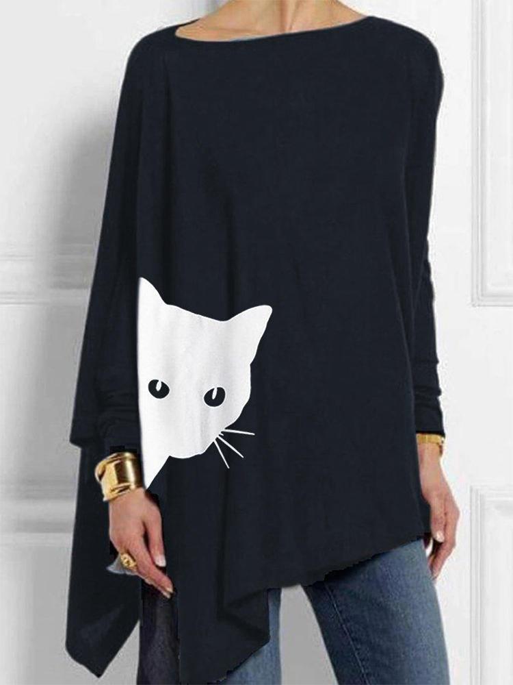 shopping חולצות וסוודרים Irregular Cartoon Cat Print Long Sleeve Splited Blouse