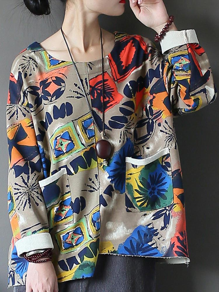 shopping חולצות וסוודרים Vintage Women Long Sleeve Printed Front Pockets Irregular Sweatshirt