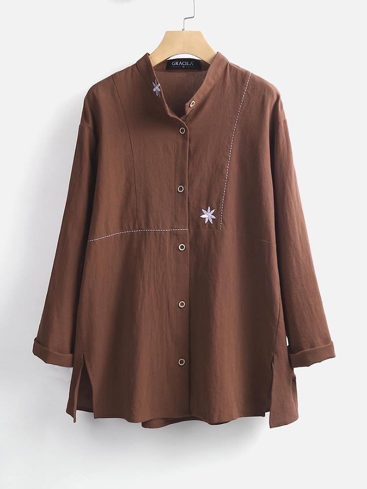 shopping חולצות וסוודרים Women Flower Embroidered Splited Long Sleeve Vintage Blouse