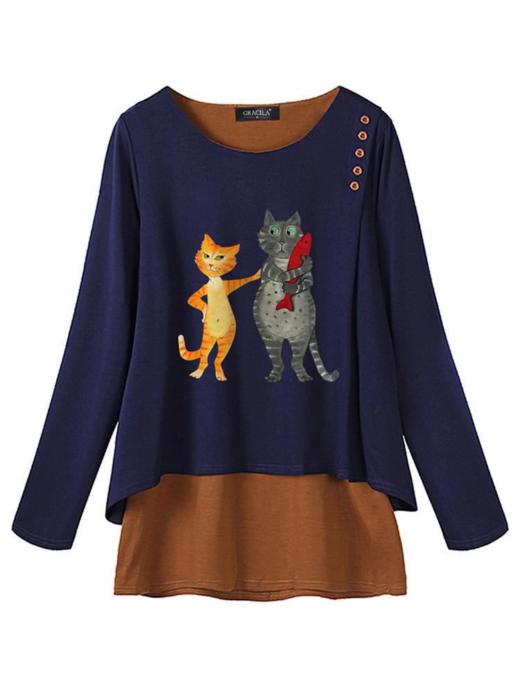 shopping חולצות וסוודרים Women Casual Print Cat Long Sleeve Blouse