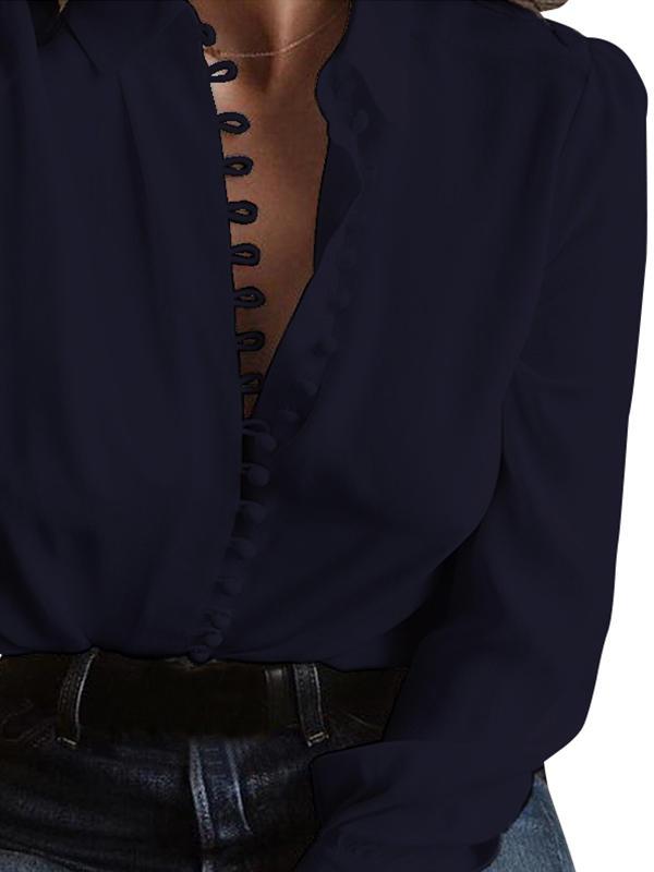 shopping חולצות וסוודרים Long Sleeve Low Cut Casual Blouse Buttons Down Shirts