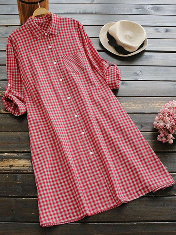 shopping חולצות וסוודרים S-5XL Women Vintage Turn-Down Collar Plaid Blouse