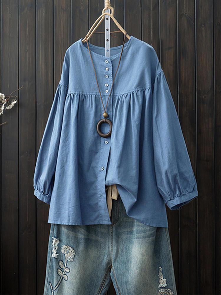 shopping חולצות וסוודרים Women Long Sleeve Crew Neck Button Down Cotton Blouse