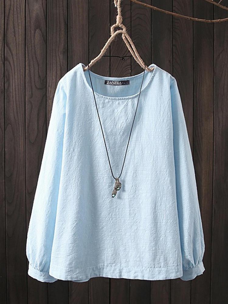 shopping חולצות וסוודרים Women Long Sleeve Crew Neck Casual Solid Cotton Blouse