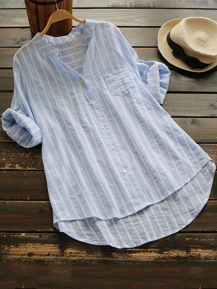 shopping חולצות וסוודרים Stripe V-neck Buttons 3/4 Sleeve Irregular Blouse