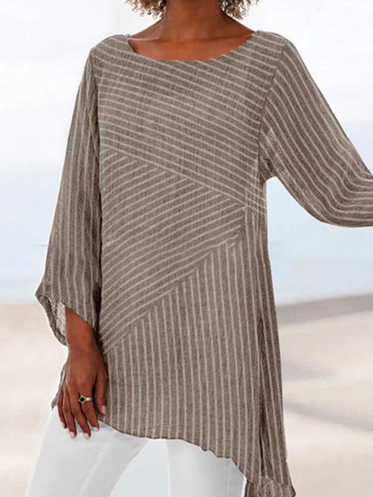 shopping חולצות וסוודרים Women Striped Stitching Irregular Hem Long Sleeve Blouse