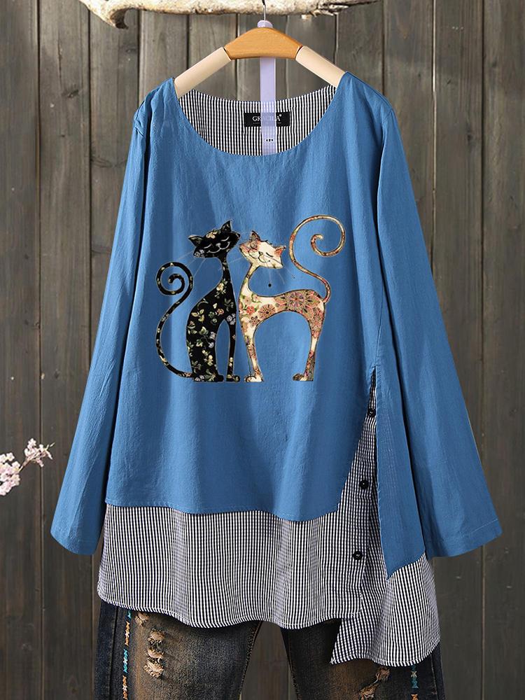 shopping חולצות וסוודרים Causal Cat Cartoon Print O-neck Loose Plaid Patch Blouse