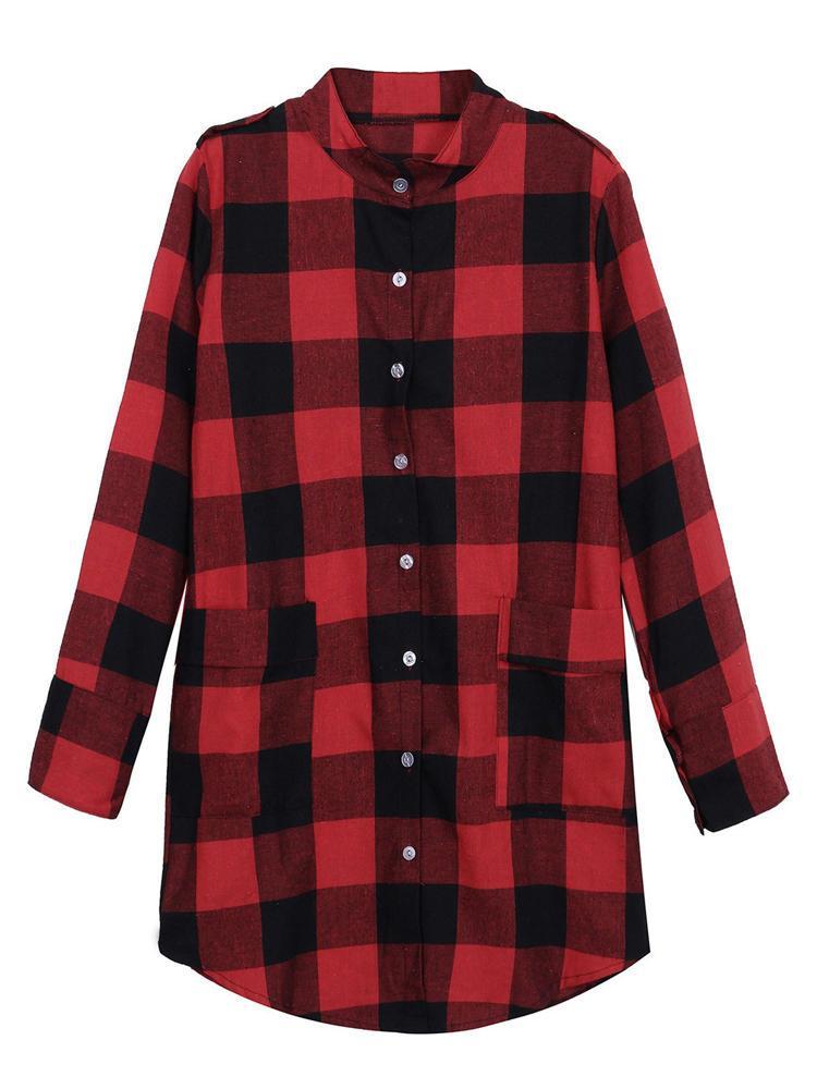 shopping חולצות וסוודרים Women Casual Long Sleeve Plaid Loose Pocket Button Long Blouses