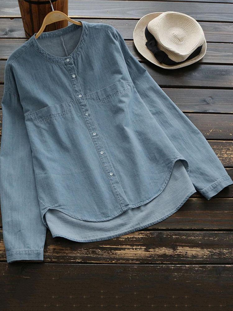 shopping חולצות וסוודרים Women Buttons Down Asymmetrical Denim Blouse