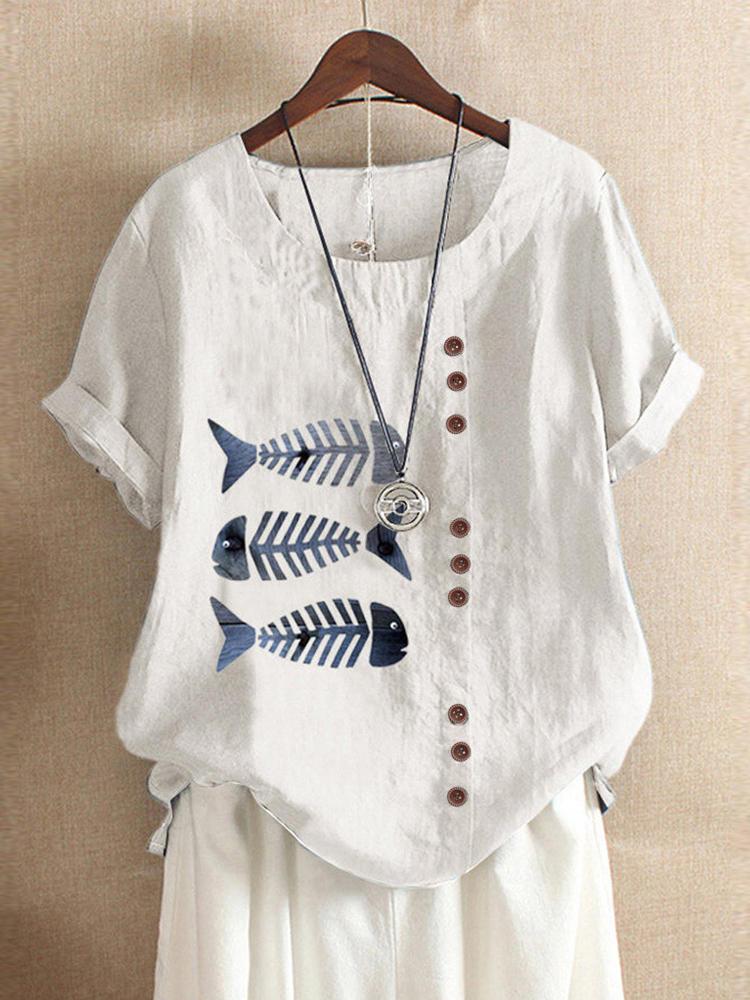 shopping חולצות וסוודרים Button Cartoon Fish Print Short Sleeve Casual T-shirts