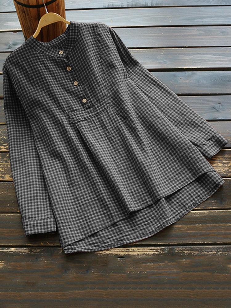 shopping חולצות וסוודרים Women Long Sleeve Plaid Buttons Stand Collar Vintage Blouse