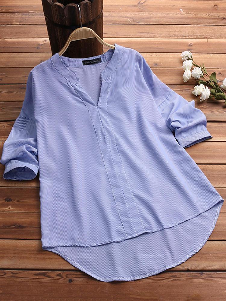 shopping חולצות וסוודרים Women Striped V Neck Half Sleeve Loose Blouse