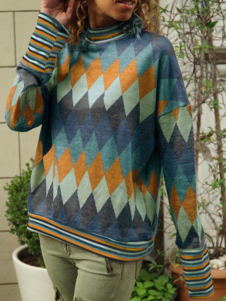 shopping חולצות וסוודרים Casual Diamond Print Long Sleeve knitting Blouse